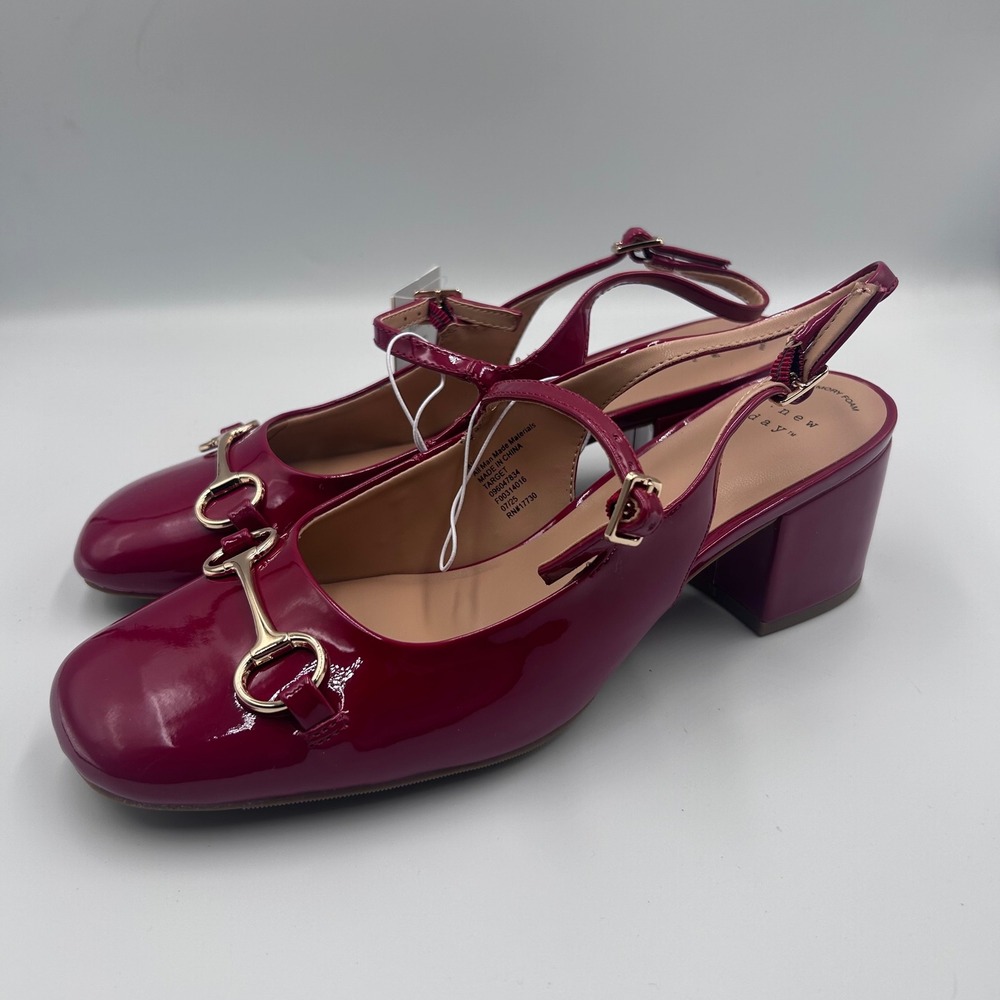 A New Day Womens Burgundy Patent Horsebit Slingback Block Heels 8.5 NEW